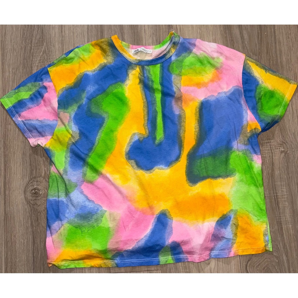 Zara Womens Multi Color Abstract Watercolor Print Crop Top T-Shirt Size M